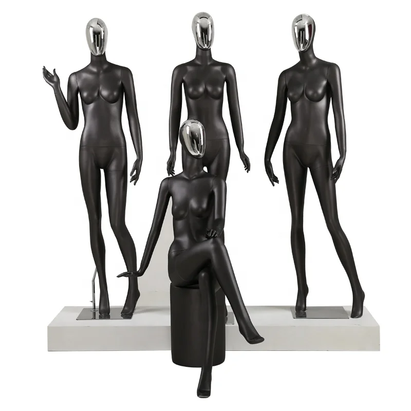 

Wholesale fiberglass frosted black full body female model dummy Gold Chrome face, Matte black