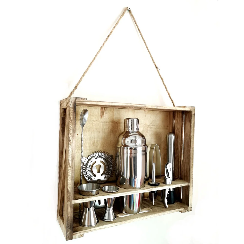 
Custom Logo Home Bar 304 SS 11-Piece Bar Tool Set with Patent Pending Rustic Wood Stand Bartender Cocktail shaker set 