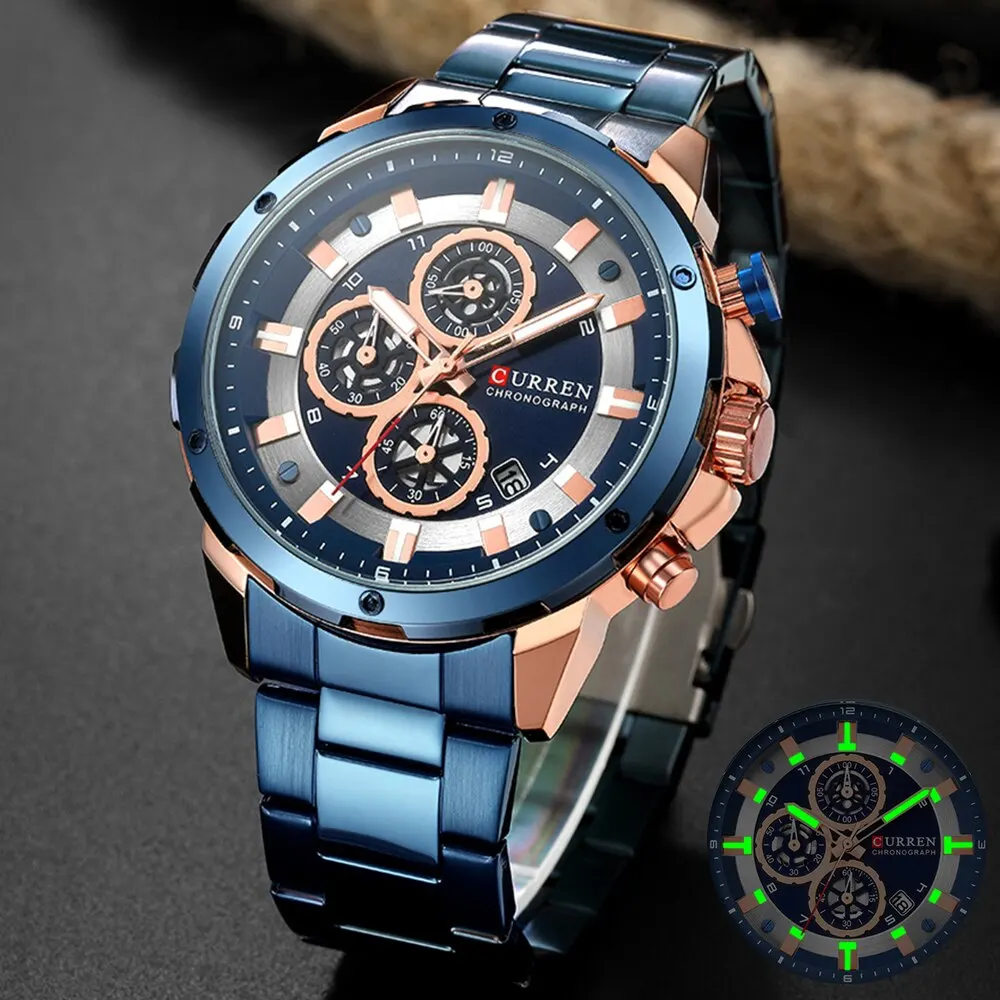 

CURREN 8323 Mens Watches Luxury Brand Quartz Watch Stainless Steel Wristwatches Blue Clock Brand Sporty Watch with Chronograph