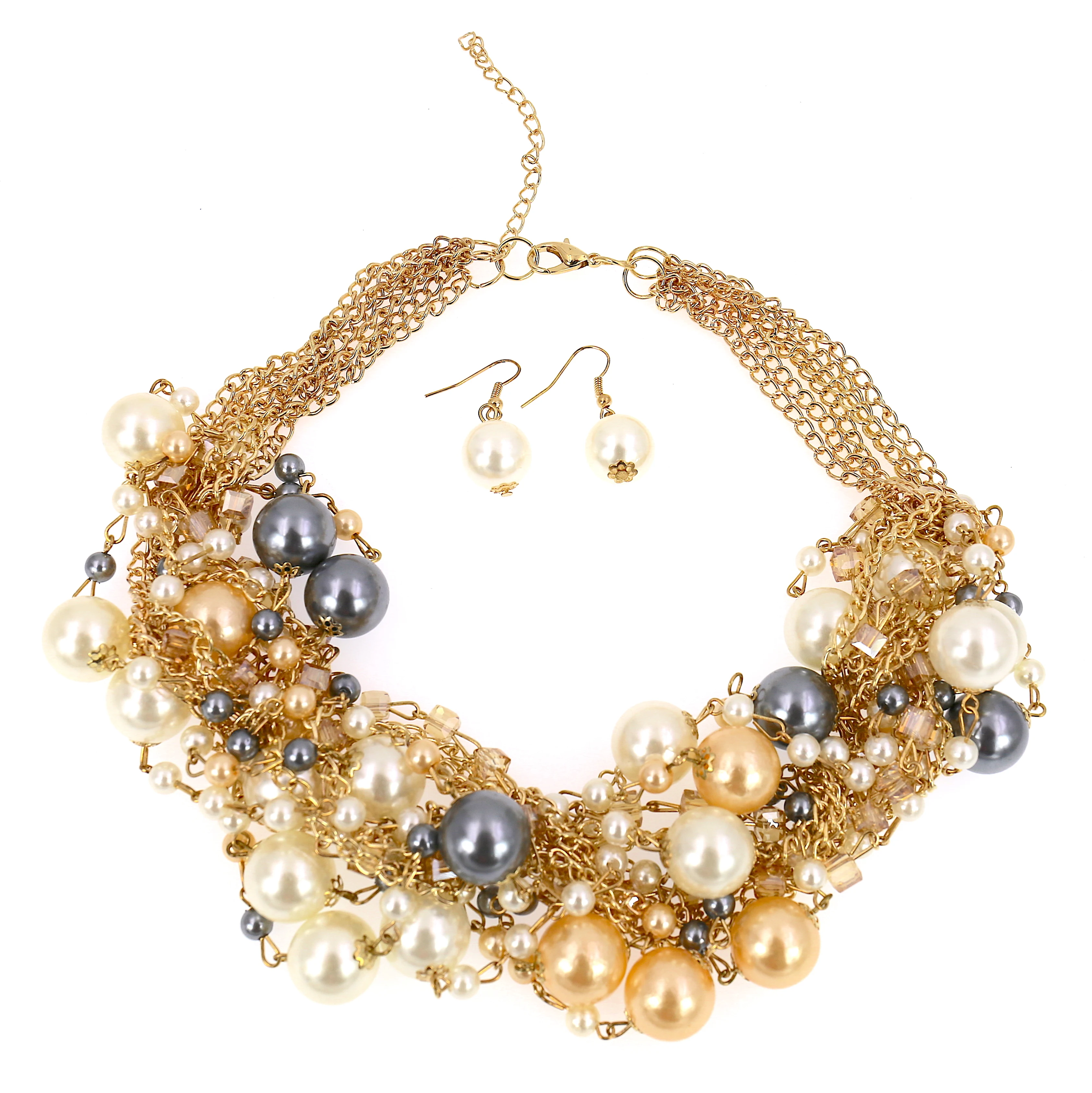 

Handmade Lady Fashion Jewelry Elegant Bubble Prom Stunning Gold Pearl Collar Chic Necklace Jewelry Set, Multi-color