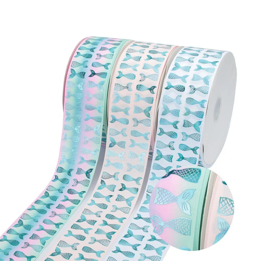 

3" 100 Yards Roll Package Green Foil Hologram Mermaid Print Ribbon With Logo