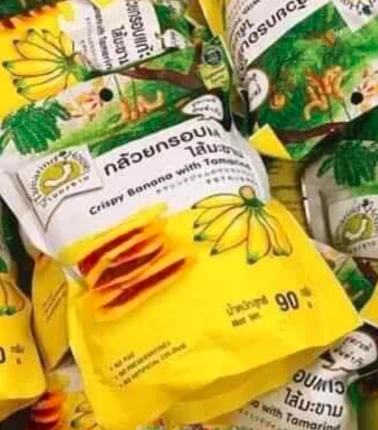 
Crispy banana chips with Tamarind jam, 90g per bag, No Trans fat, GMP, HACCP, HALAL,Thailand 