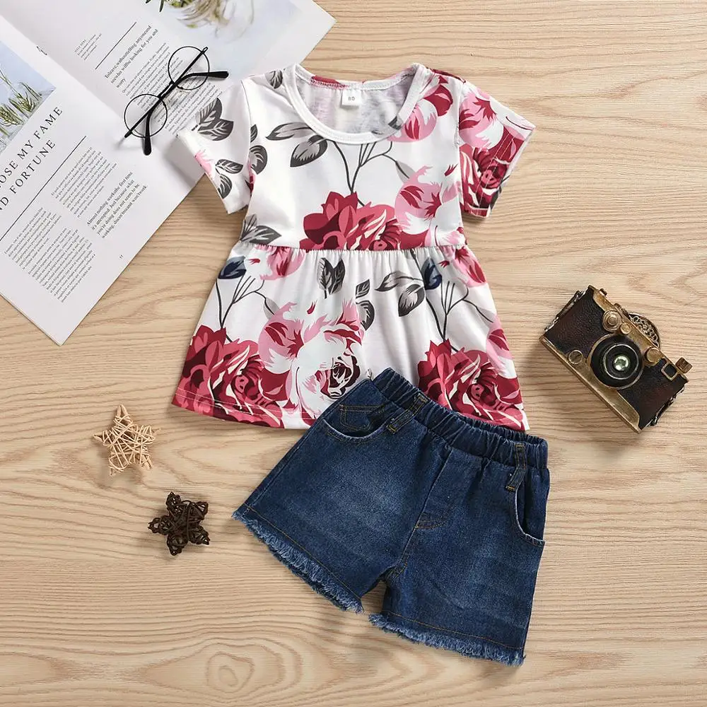 

B52920A New arrival toddler girls fashion 2pcs floral shirt with denim shorts, Shown