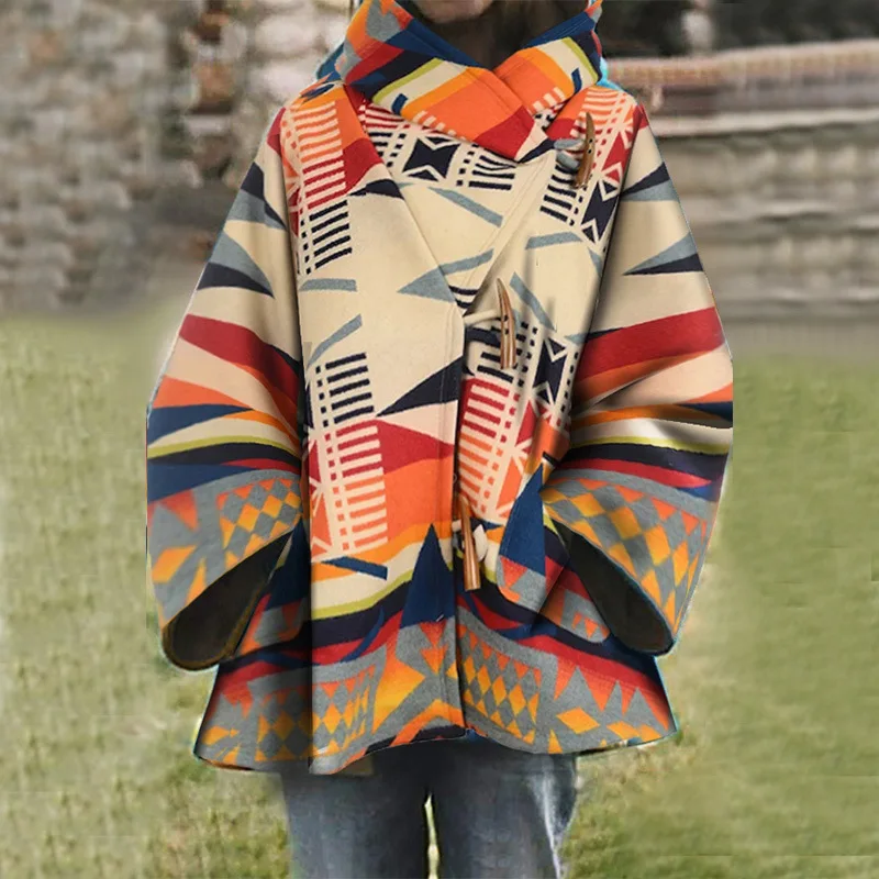 

New winter autumn long sleeve hooded printed casual soft fleece jump woolen women coat half-length jacket resin horn buckle