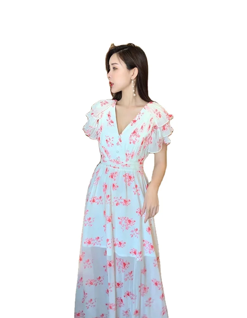 

2021 spring new floral print waist chiffon casual dress