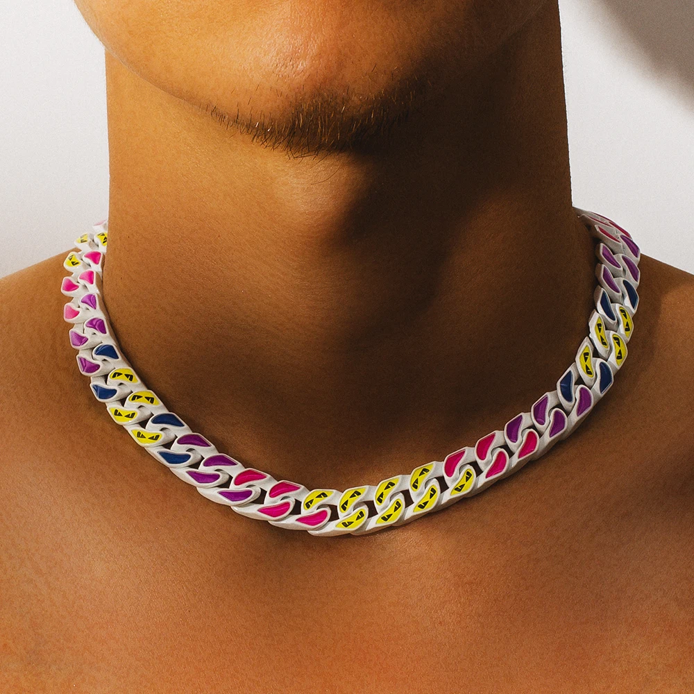 

KRKC Fashion Custom 7 Colors Necklace enamel multicolor rainbow 12mm Hip Hop Maimi Brass Stainless Steel Curb Cuban Link Chain, 7 colors of chains available