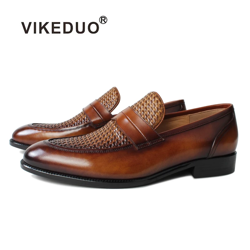 

Vikeduo Hand Made Luxury Penny Loafers Men Handcrafted Real Calf Leather Slip-On Brown Mens Loafer Shoes