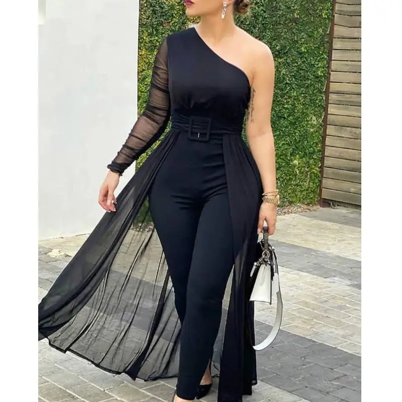 

New Fashion Women Jumpsuit One Shoulder Plain Sheer Mesh Jumpsuit
