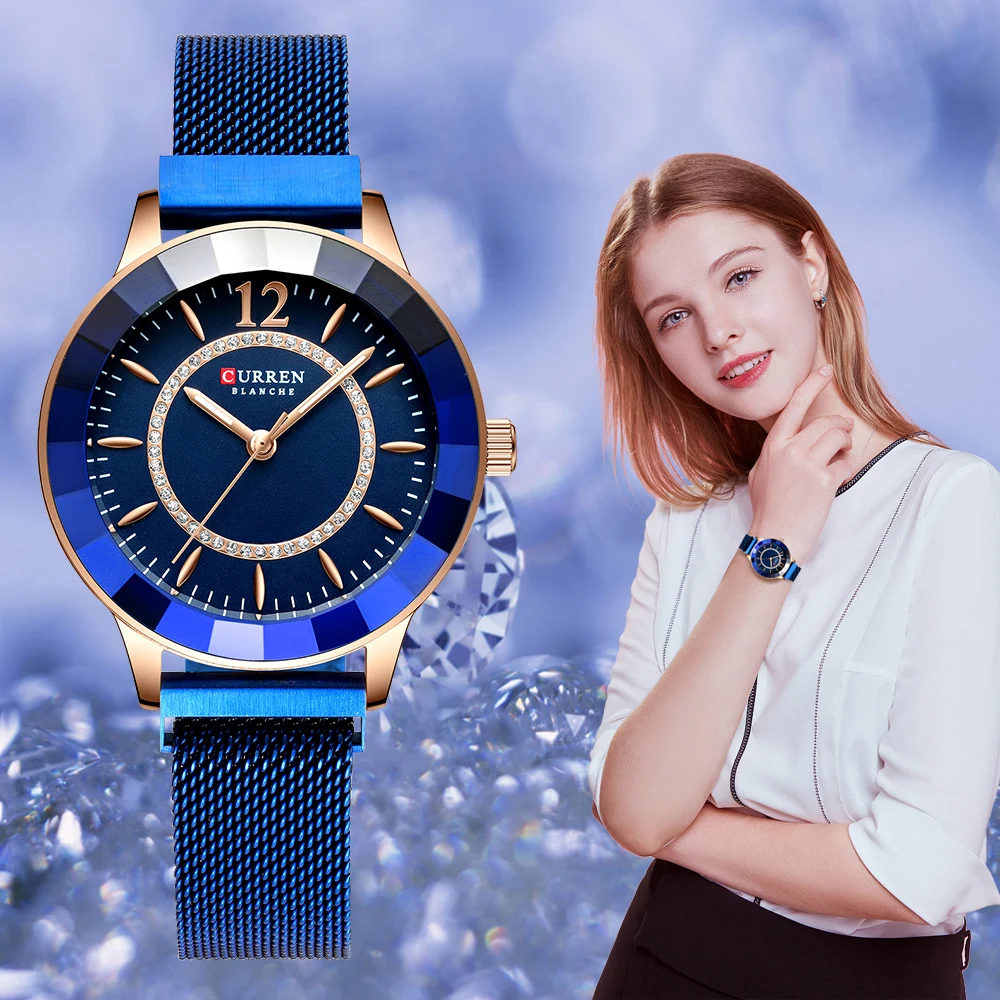 

CURREN 9066 Fashion Quartz Watch Women Rhinestone Mesh Steel Causal Blue Ladies Watch Classy Luxury Clock