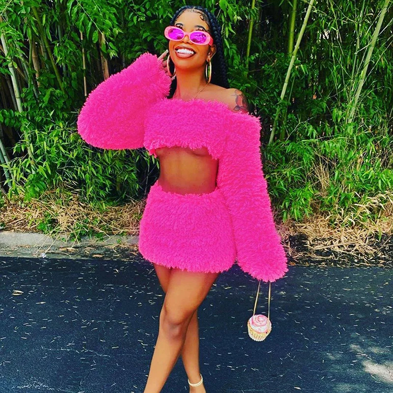 

Bomblook A20203S Skirt Sets Women 2 piece Outfits 2021 New Arrival Plush Long Sleeve Strapless Crop Tops Mini Dress Streetwear
