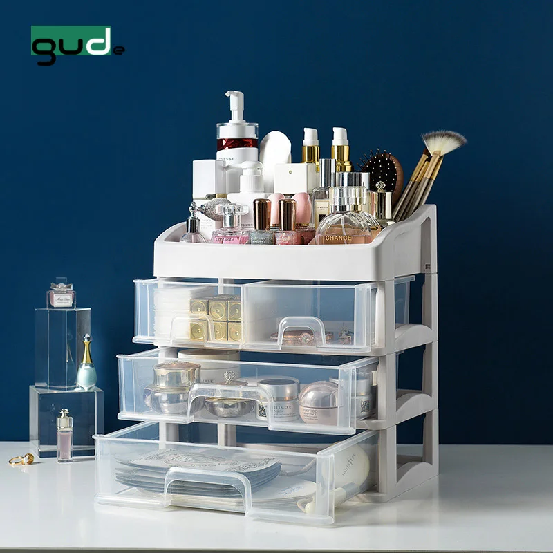 

New Product Larger 3 layer Plastic make-up box Clear Cosmetic Cases Makeup Organizer with drawer, White