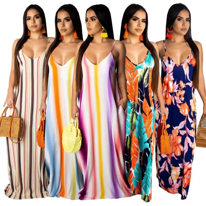 

2021 Fashion Summer Large Size Loose Sling Sleeveless Stripes Gradient Printing V-neck Women Long Dress