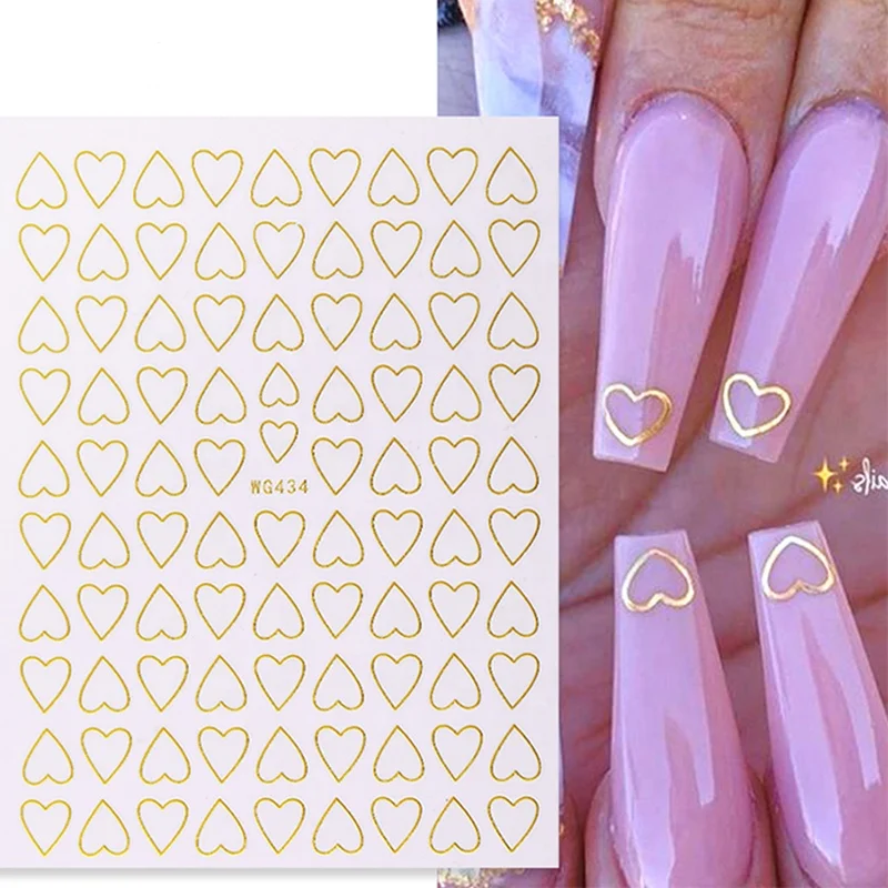 

2021 New Black White Gold Pattern Nail Decals Manicures Nails Design Adhesive Wraps Tip Love Hearts 3D Nail Art Stickers, Photo