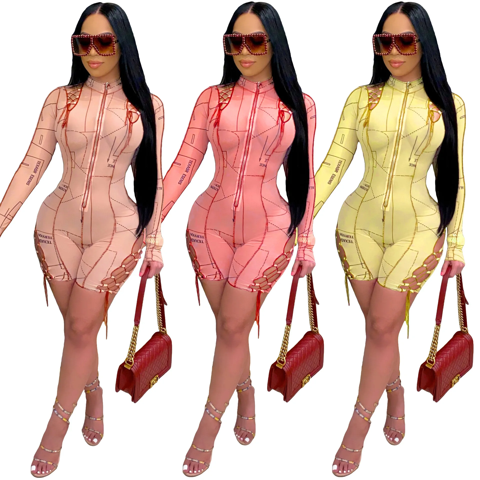

Wholesale women clothing New Spring long sleeves shorts bodysuits Fashion sexy letter print drawstring Jumpsuit