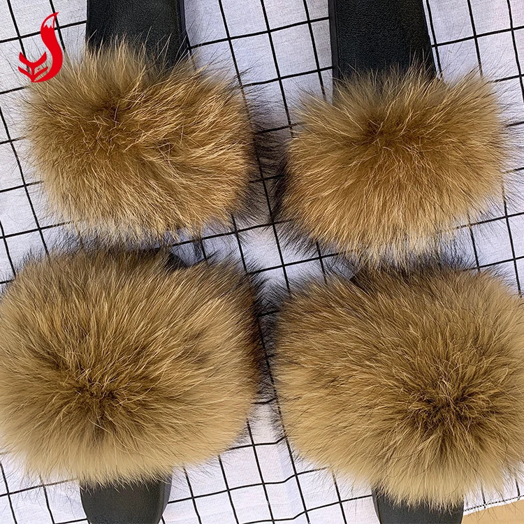 
Wholesale women big real natural fluffy black brown raccoon fur slides slipper for lady and kids 