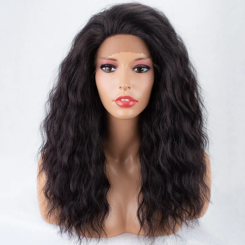 

Natural Looking Cheap 24 Inches 1B Black Wavy Long Heat Resistant Fiber Hair Synthetic Lace Front Wigs for Black Women