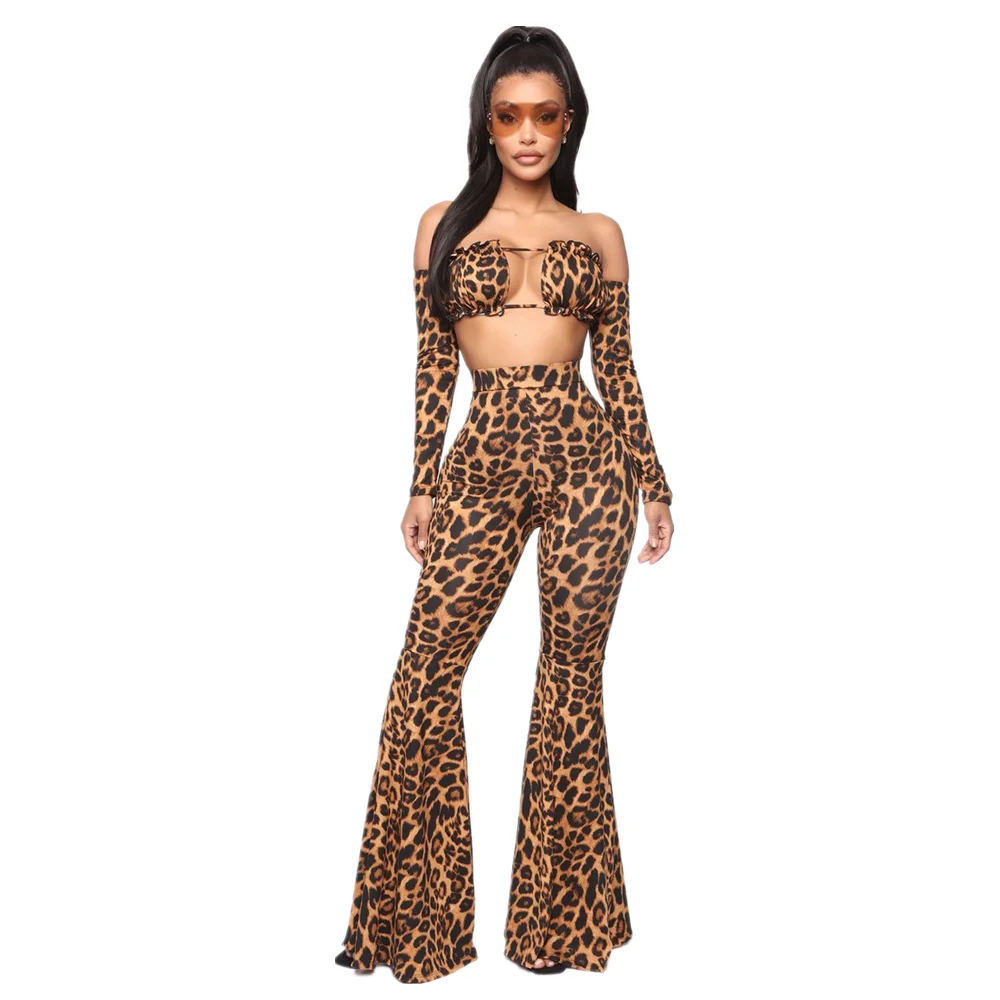 

2021 summer new arrivals sexy leopard fashion plus size 2 two piece flares pants & trousers sets women clothes outfits clothing