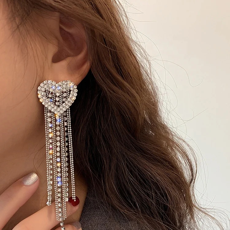 

Luxury Heart Crystal Drop Earrings for Women Long Tassel Rhinestone Dangle Earrings Party Jewelry Accessories, Picture shows