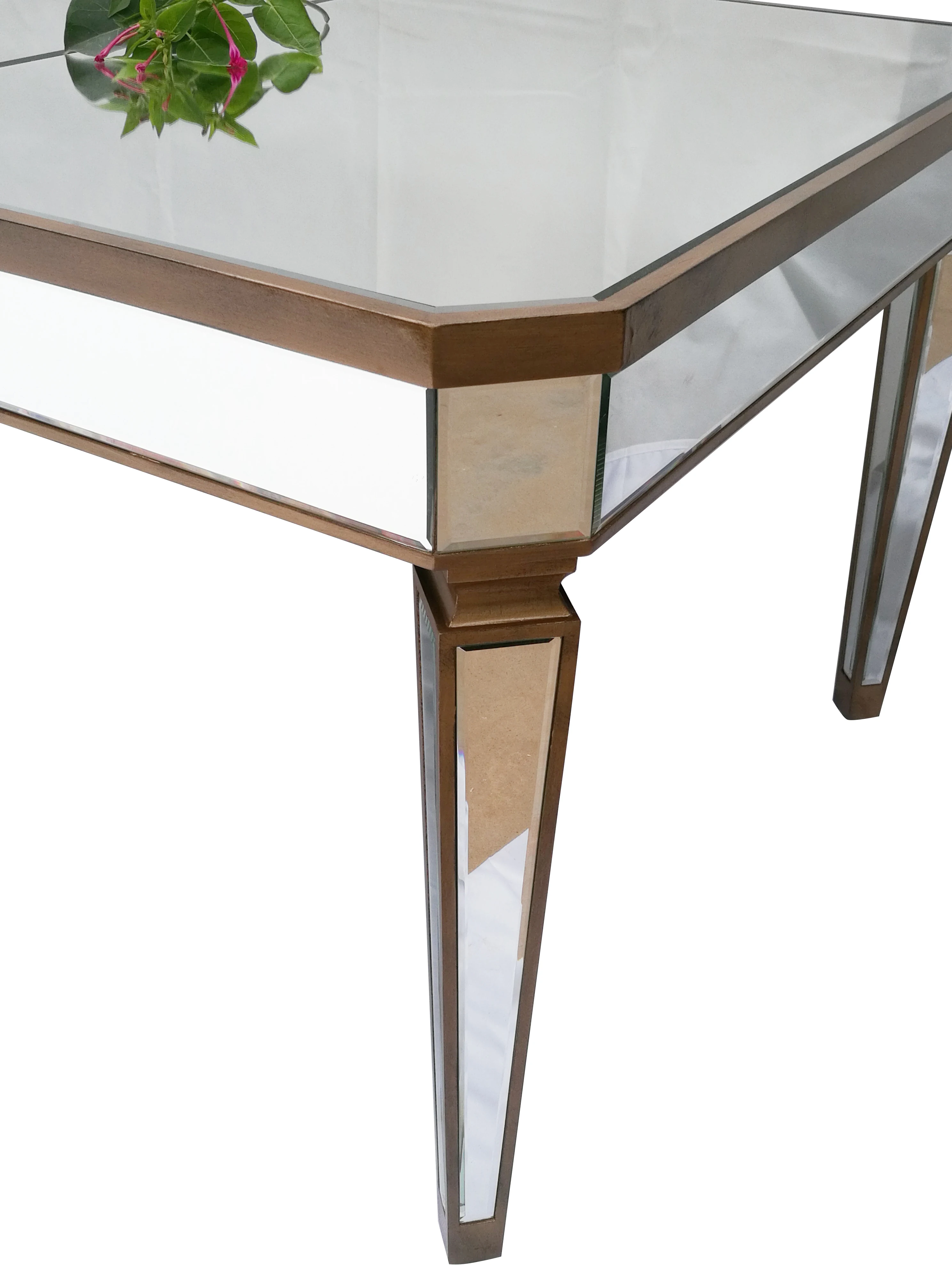 
New Arrival Factory Price 12 Person Antique Gold Wood Trimming Rectangle Mirrored Event Wedding Dining Table Furniture 