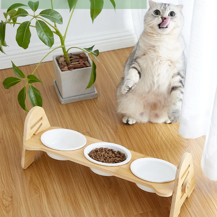 

Adjuatable height Bamboo Stand Unique cat food bowl upgrade 3 cat bowl set