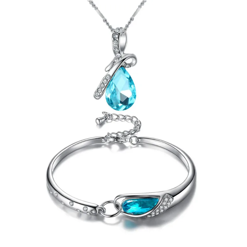 

Blue Crystal Jewelry Set Fashion CZ Crystal Glass Shoe Necklace Bracelet Bangle Water Drop Zircon Jewelry Set for Women