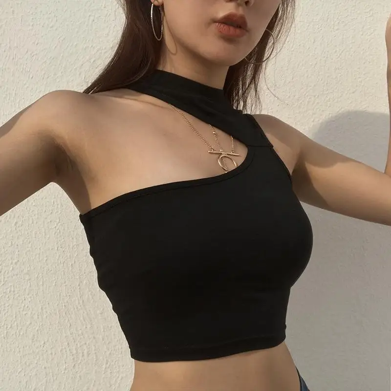 

Women Stretchable Slim Fitting Asymmetrical Sleeveless Knit T-shirts One Shoulder Black Crop Top