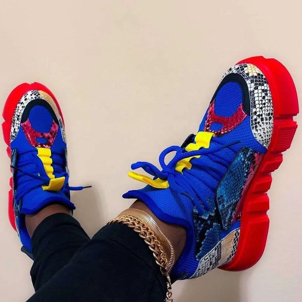 

Colorful Patchwork Ankle New Footwear 2020 Wholesale Sexy Platform Thick Sole Wedge Sports Shoe Lace Up Plus Size Daddy Sneakers, Blue yellow