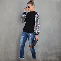 

Fashion Clothing Sequin Sleeve High Neck Black Blouses Tops Women 2019