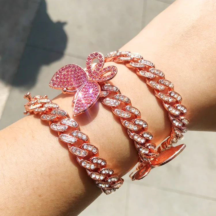 

Hiphop Full CZ Crystal Cuban Chain Bracelet Personalized Bling Bling Butterfly Bracelet, Customized