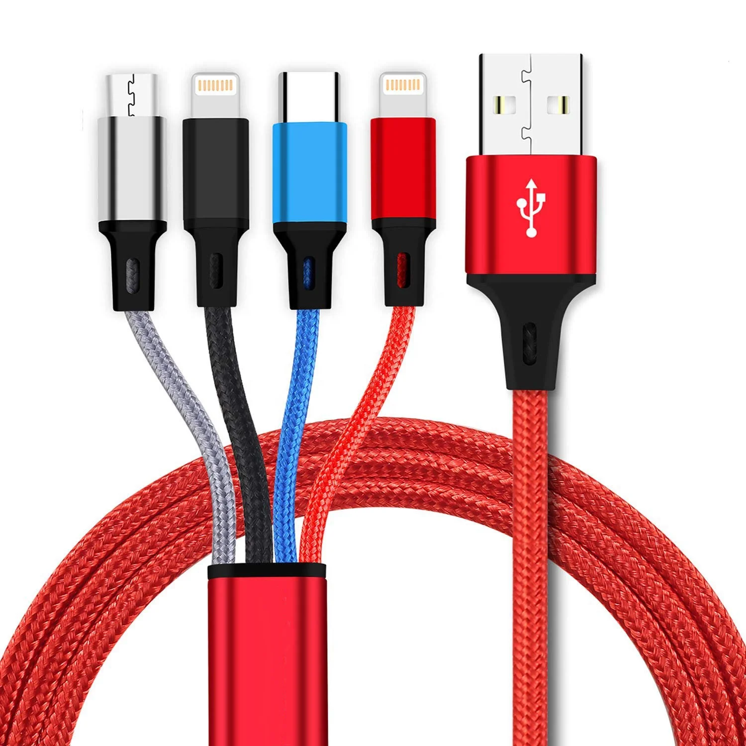 

Multi USB Charging Cable 3A, 4 in1 Fast Charger Cord Connector with Dual Phone/Type C/Micro USB Port Adapter, Black,red,white,customize