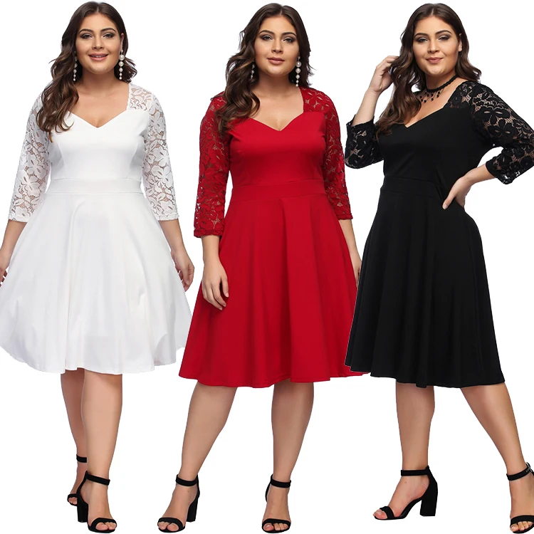 2019 Best Selling Fashion Sexy Dress Elegant Lace Stitching Solid Color Low Collar Long Sleeve Plus Size Dress Lady