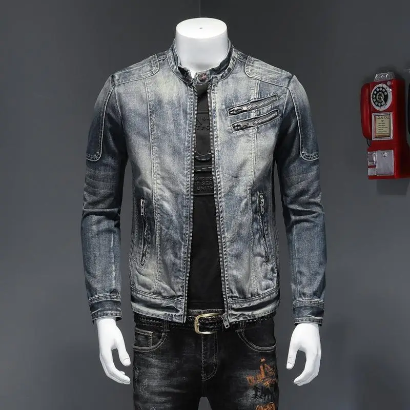 

Wholesale Amazon Cool Autumn Winter Fashion Slim Men's Stand Collar Zipper Motorcycle Denim Men's Jacket