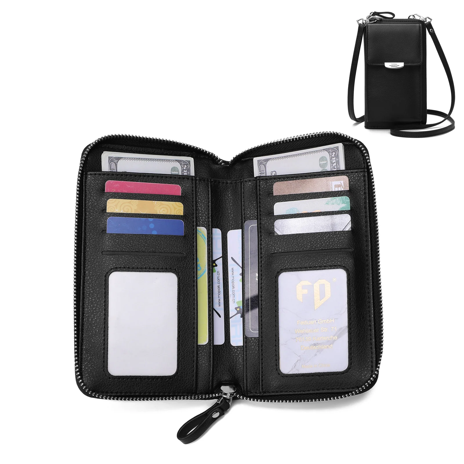 

Wholesale Ladies Pu leather Multiple card slots and photo slot crossbody bag cell phone purse wallet for women