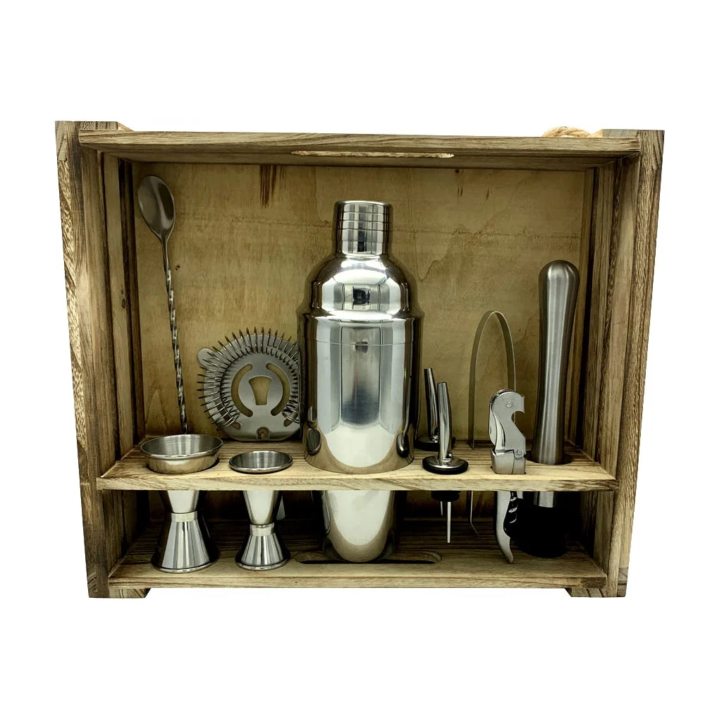 
Custom Logo Home Bar 304 SS 11-Piece Bar Tool Set with Patent Pending Rustic Wood Stand Bartender Cocktail shaker set 