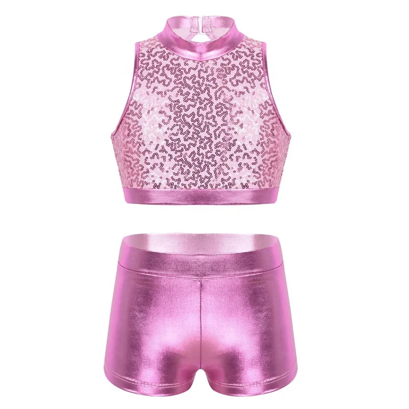 

Kids Girls Two-Piece Dancewear Outfit Sequins Sleeveless Cutout Back Crop Top And Pants Jazz Hip Hop Dance Stage Performance