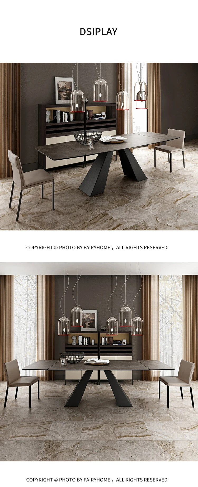 Luxury  8 Seater Long Black Mat Steel Extendable Adjustable Ceramic Porcelain Dining Room Table Set