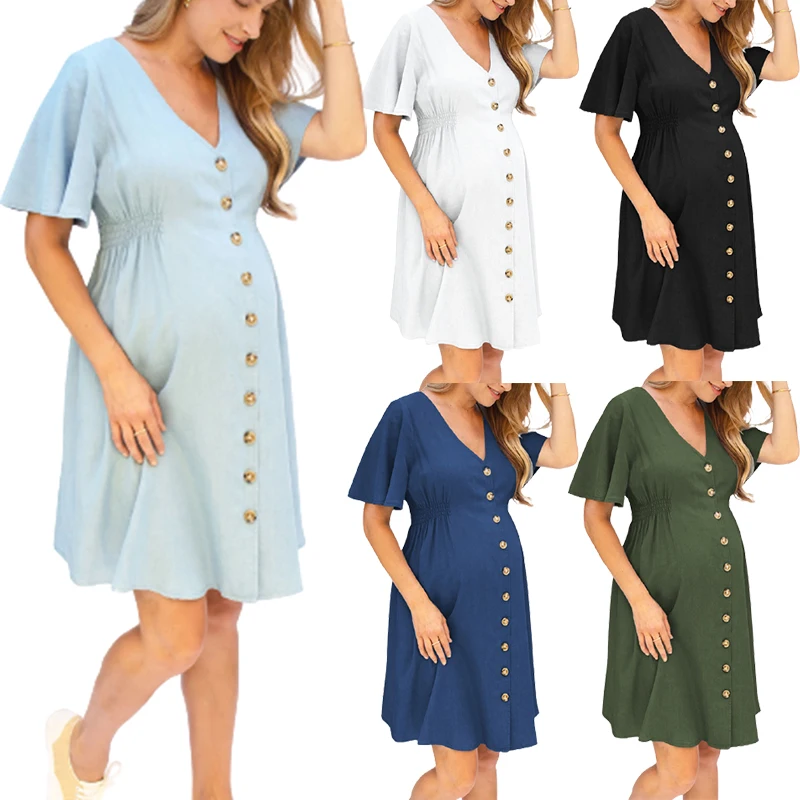 

Wholesale Pregnant Clothes Elegant Casual Dresses For Women Solid Color Buttoned Maternity Dress