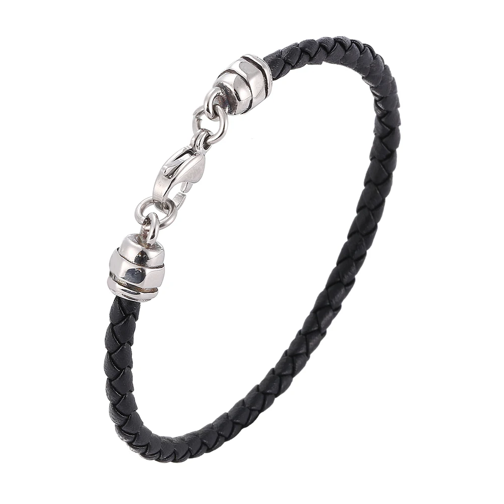 

New Style Men Leather Bracelet Simple Black Stainless Steel Lobster Clasp Hand-woven Women Jewelry Bangles Gifts SP1095