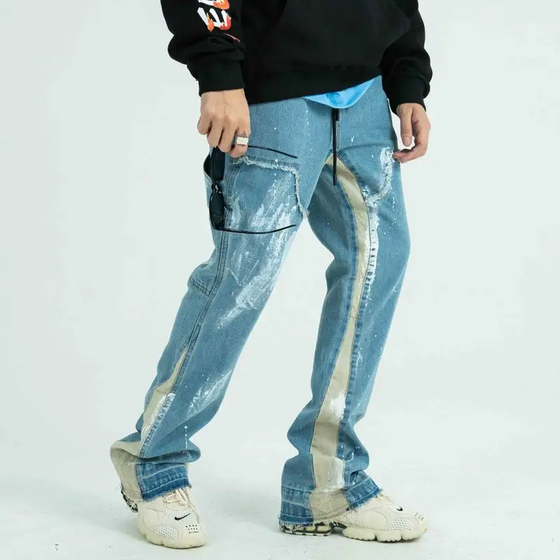 

2021 New Street Hip-hop Trend Splashed Ink Distressed Stitching Jeans Custom Logo Sportswear Mens Casual Pants