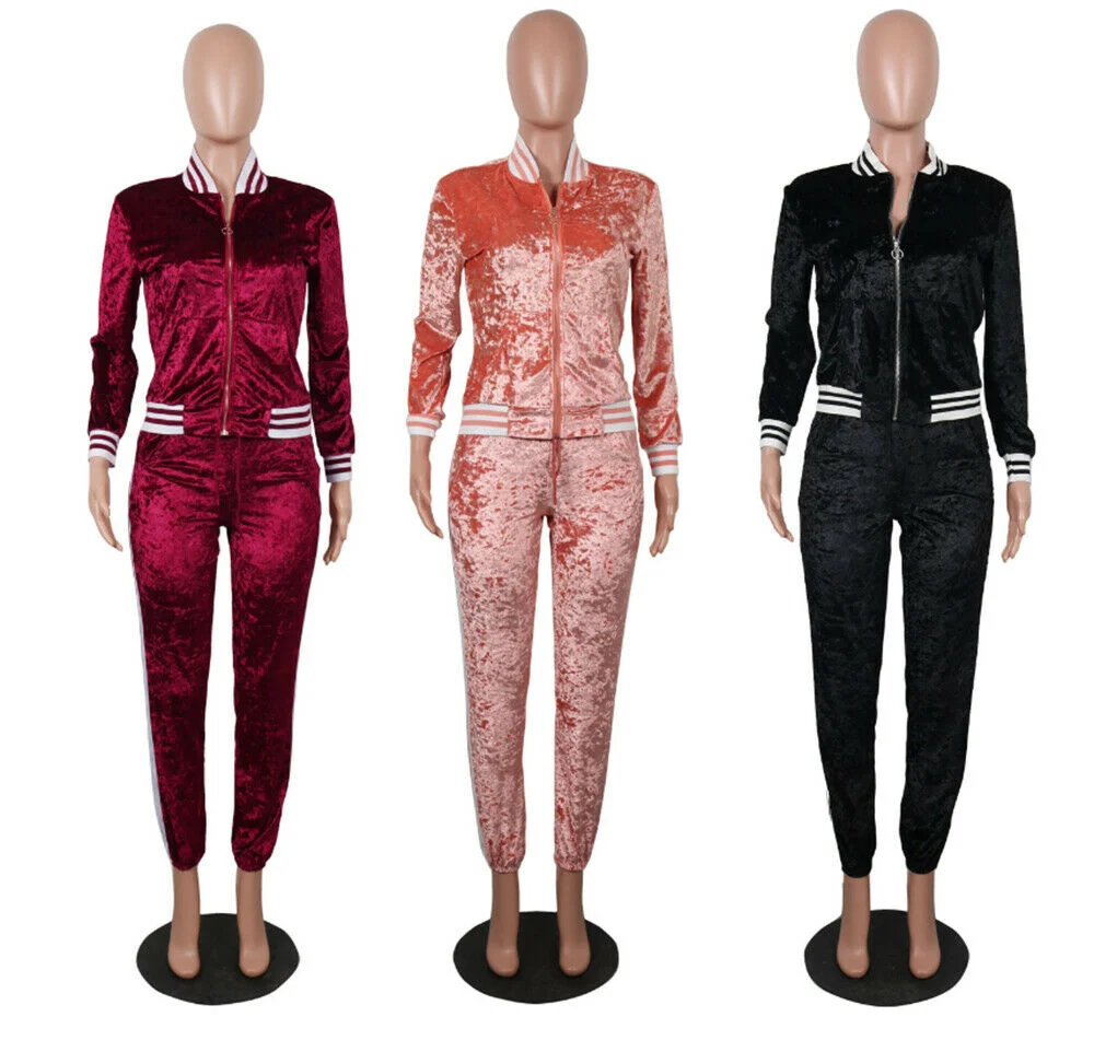 Velour Tracksuit Women 2 Piece Set Top And Pants Velvet Tracksuits Crop ...