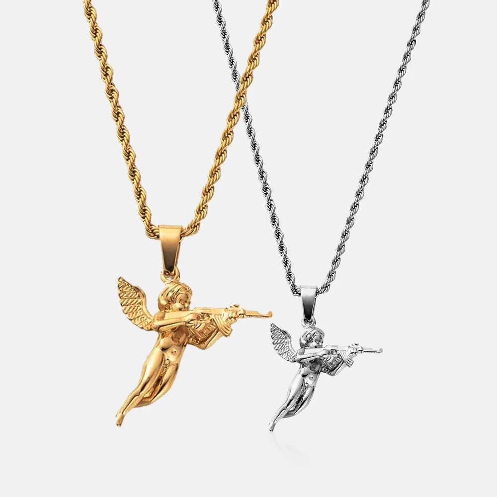 

Hiphops Jewelry Men Cupid's Revenge Pendant 18k Gold Rope Chain 316L Stainless Steel Three Dimensional Gun Angel Necklace