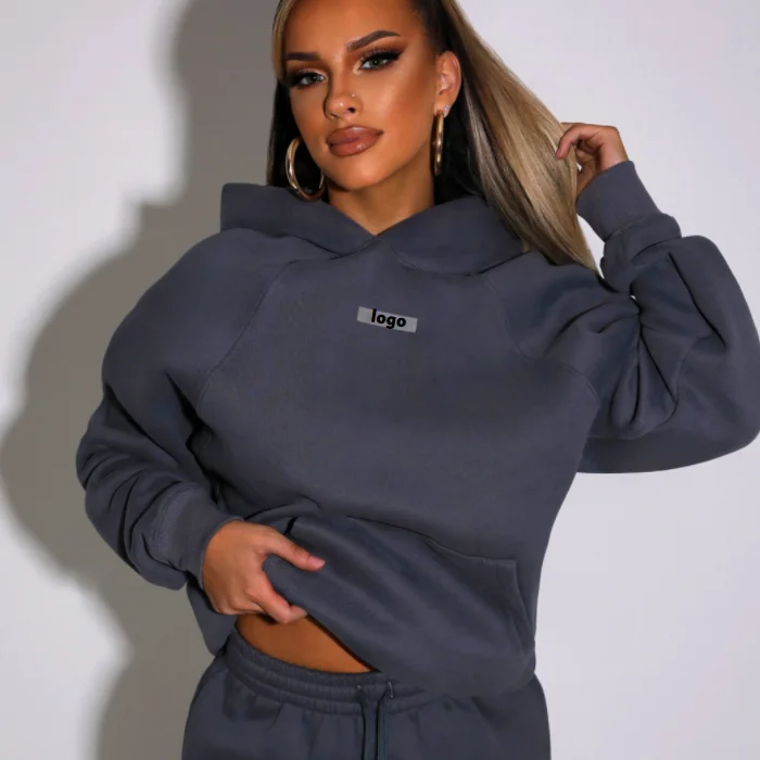 

Custom Logo Women Casual Spring Pocket Fleece Charcoal Luxe Hoodie And Shorts Set Summer Sport Jogger Set 2 Piece Cotton Outfit, Customized colors