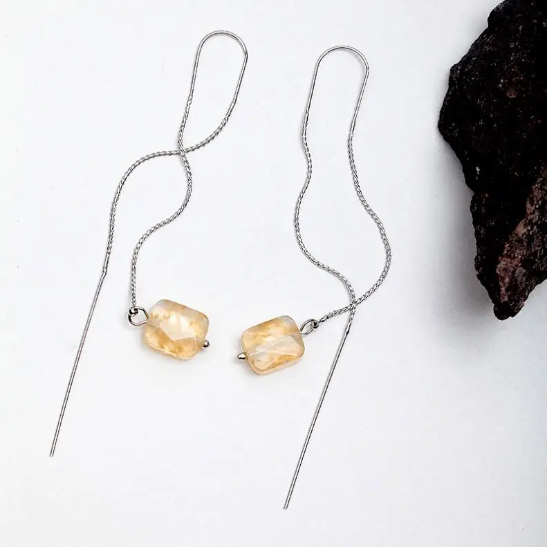 

Women yellow natural stone long chain jhumka earring vintage silver plated earrings jewelry gift