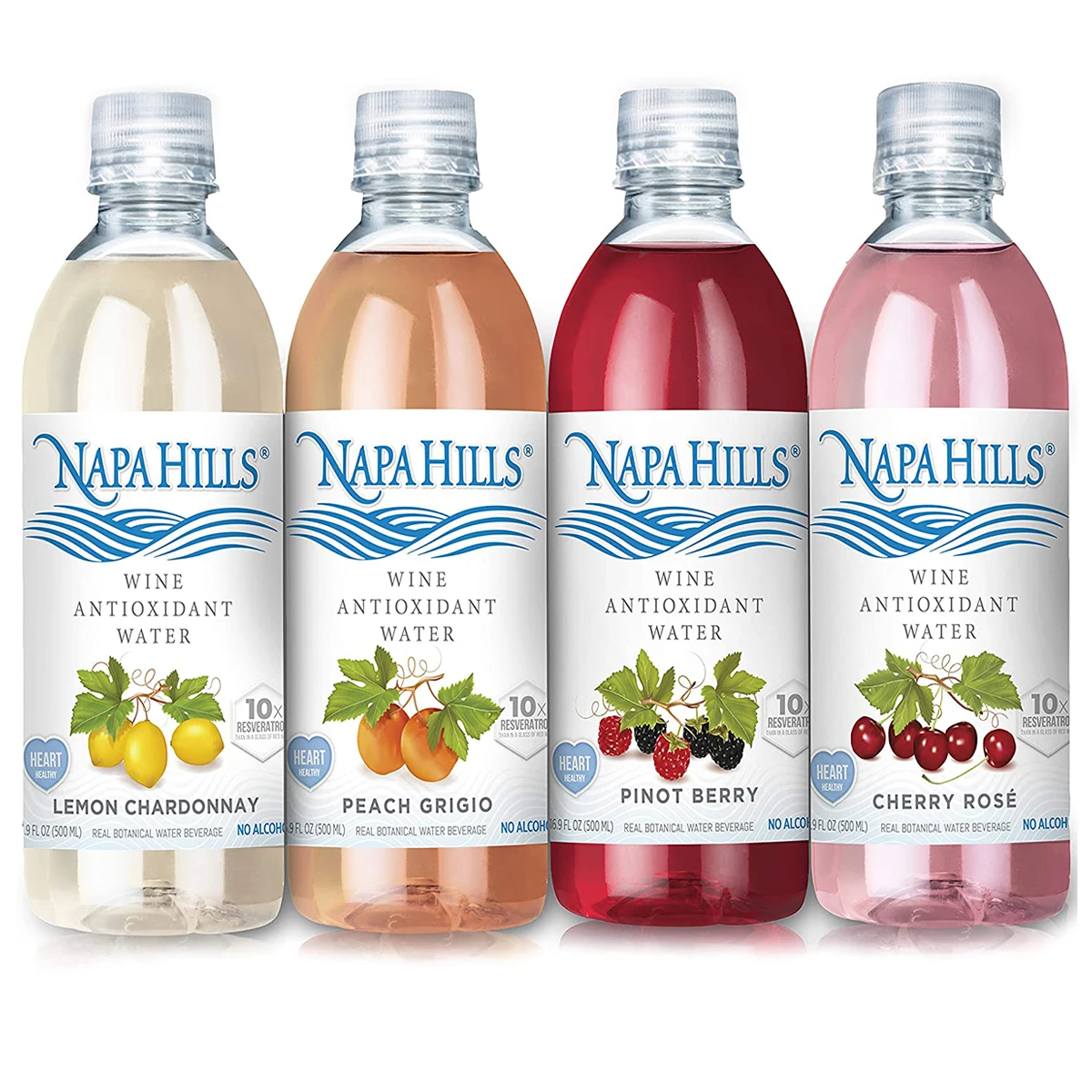 
Best Non Alcoholic Napa Hills Wine Variety Flavored Antioxidant Resveratrenriched Drink 3 Lemon 3 Berry 3 Peach 3 Cherry 12 Pack  (1700002845768)