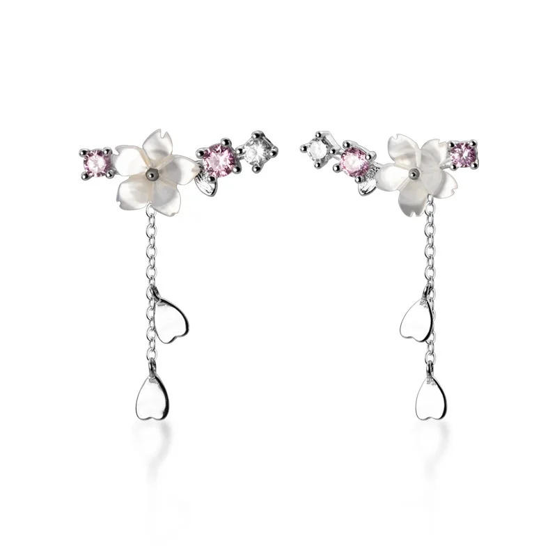 

E4547 Vendor Jewellery 925 Sterling Silver Shell Flower Five Petals Flower Love Drill Tassel Hook Eardrop Earrings