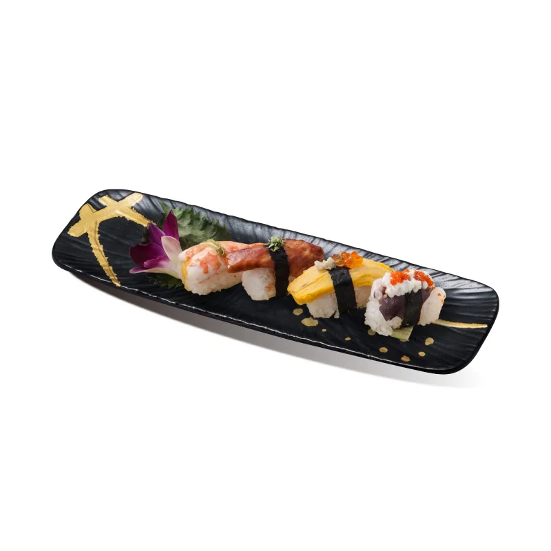 

Luxury Restaurant Custom Plastic Dinner Rectangular Meat Sashimi Dish Black japanese melamine plate, Customized acceptable