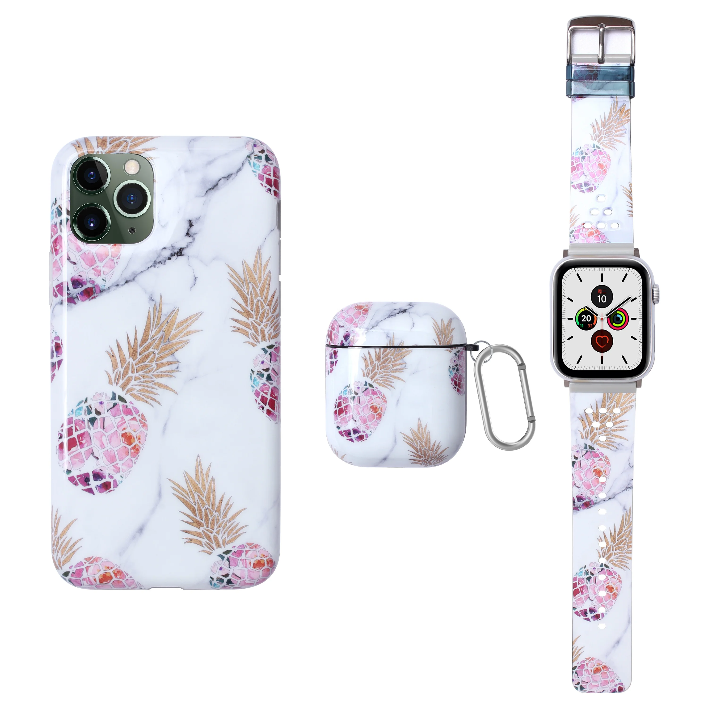 

Nice design 3 in 1 set Pineapple IMD case for iPhone, case for airpods, watch band straps for apple watch band 38mm/40mm 42/44mm