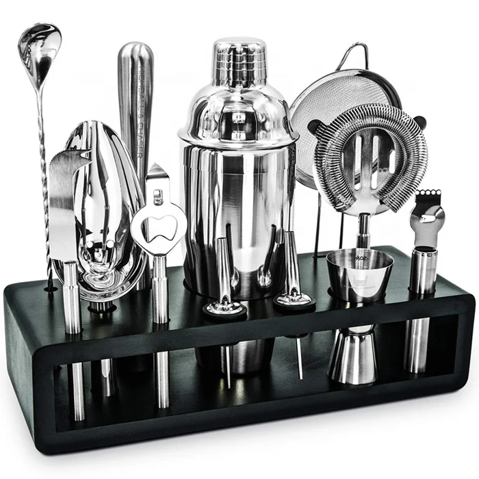 

Manufacture supply new arrival professional bar tools accessories 25-Piece bartender kit with stand, Sliver