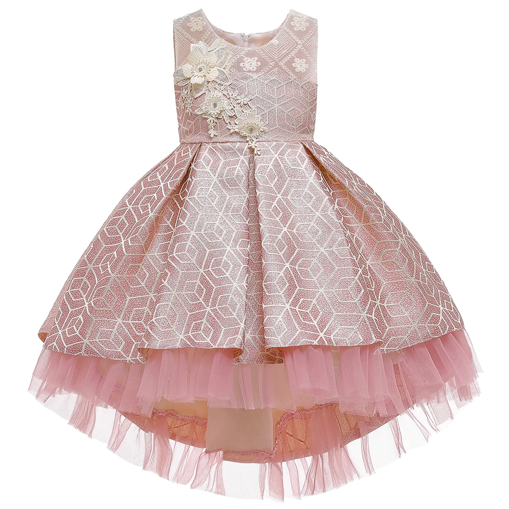 

Hot Sale Lovely Little Girls Party Dress Trailing Evening Gowns for Kids Jacquard Dress T5171, Pink