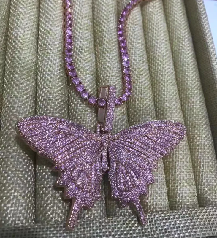 

jialin jewelry 2020ins Hot Sale Pink Butterfly Small iced out shine Hip Hop Couple Sweater Chain pendant necklace